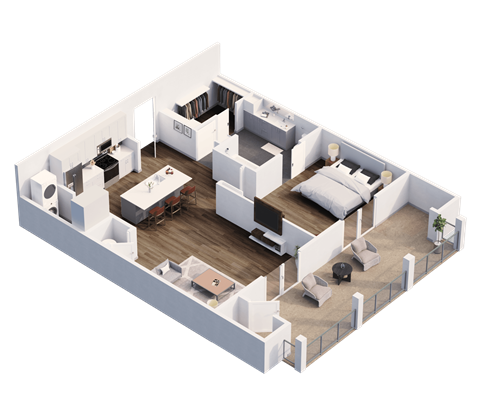 Floor plan for 1 bed, 1 bath, 765 sqft